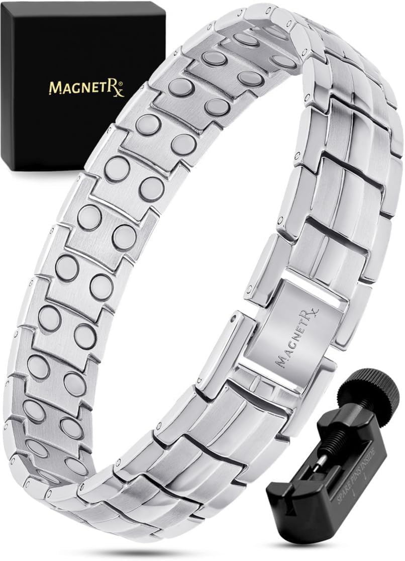 MagnetRX® Pulsera Magnética Ultrarresistente - Brazaletes de Acero Inoxidable para Hombres – Pulsera de Longitud Ajustable con Herramienta de Medición para un Ajuste Perfecto (Plateada)
