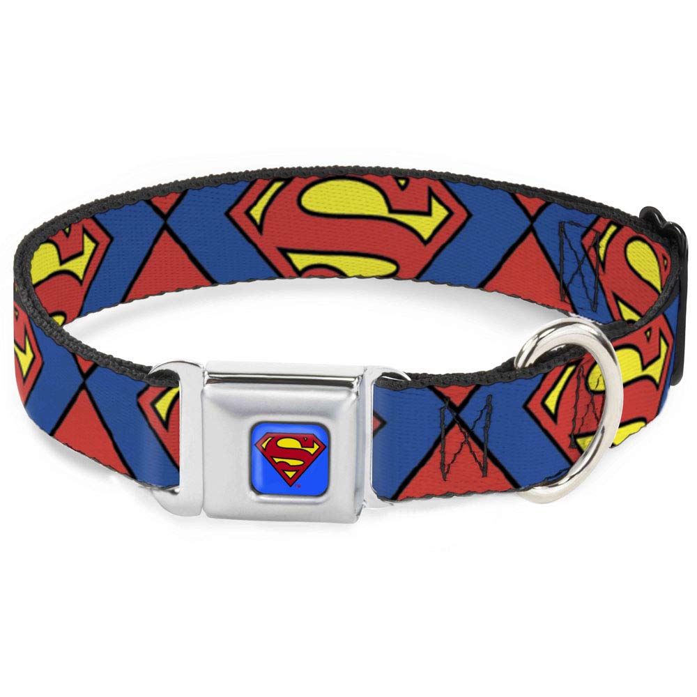 Buckle-Down Dog Collar Seatbelt Buckle Superman Shield Close Up Blue Red Yellow 11 to 17 Inches 1.0 Inch Wide, Multicolor, 1"" Wide - fits 11-17""