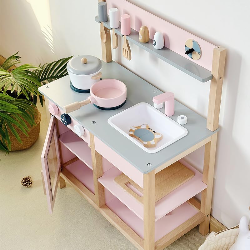 Wooden Kids Play Kitchen Set with Utensils, Stove, Oven, Sink, 22 x 12 x 36 in (Pink)