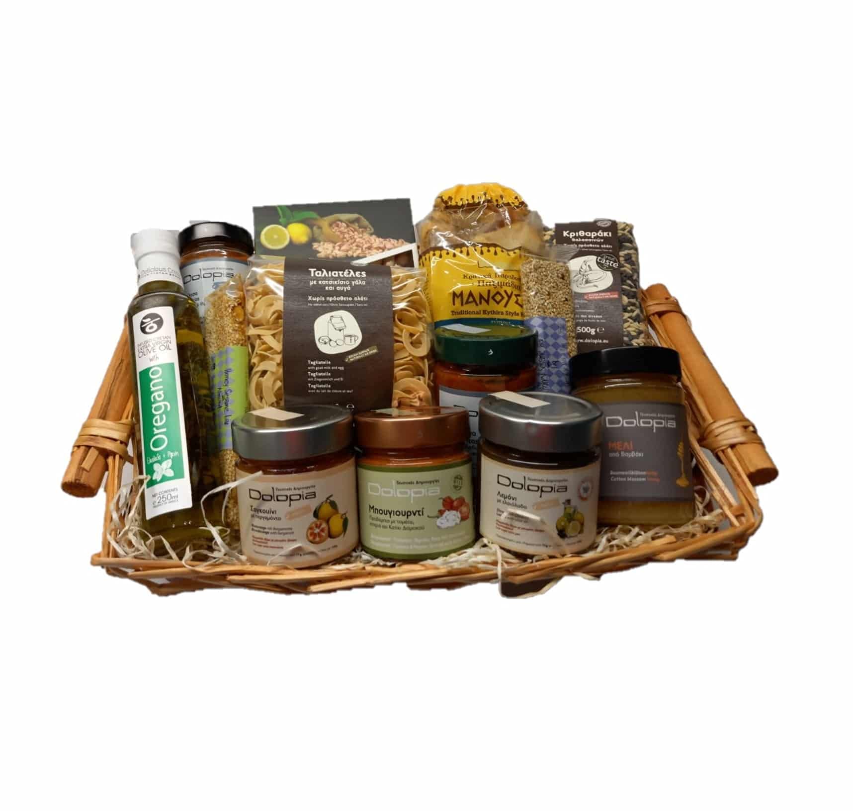 Die Scheune GmbH - Geschenkkorb / Präsentkorb preisgekrönte Griechische Delikatessen Olymp mit Vorspeise, Teigware, Olivenöl aus Kreta, Pistazien, Tomatensaucen, Honig,