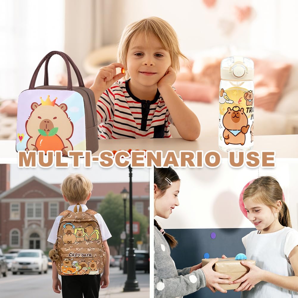 Sac à Dos Scolaire Kawaii Grande Capacité Capybara avec Sac à Lunch Isotherme et Bouteille d'Eau