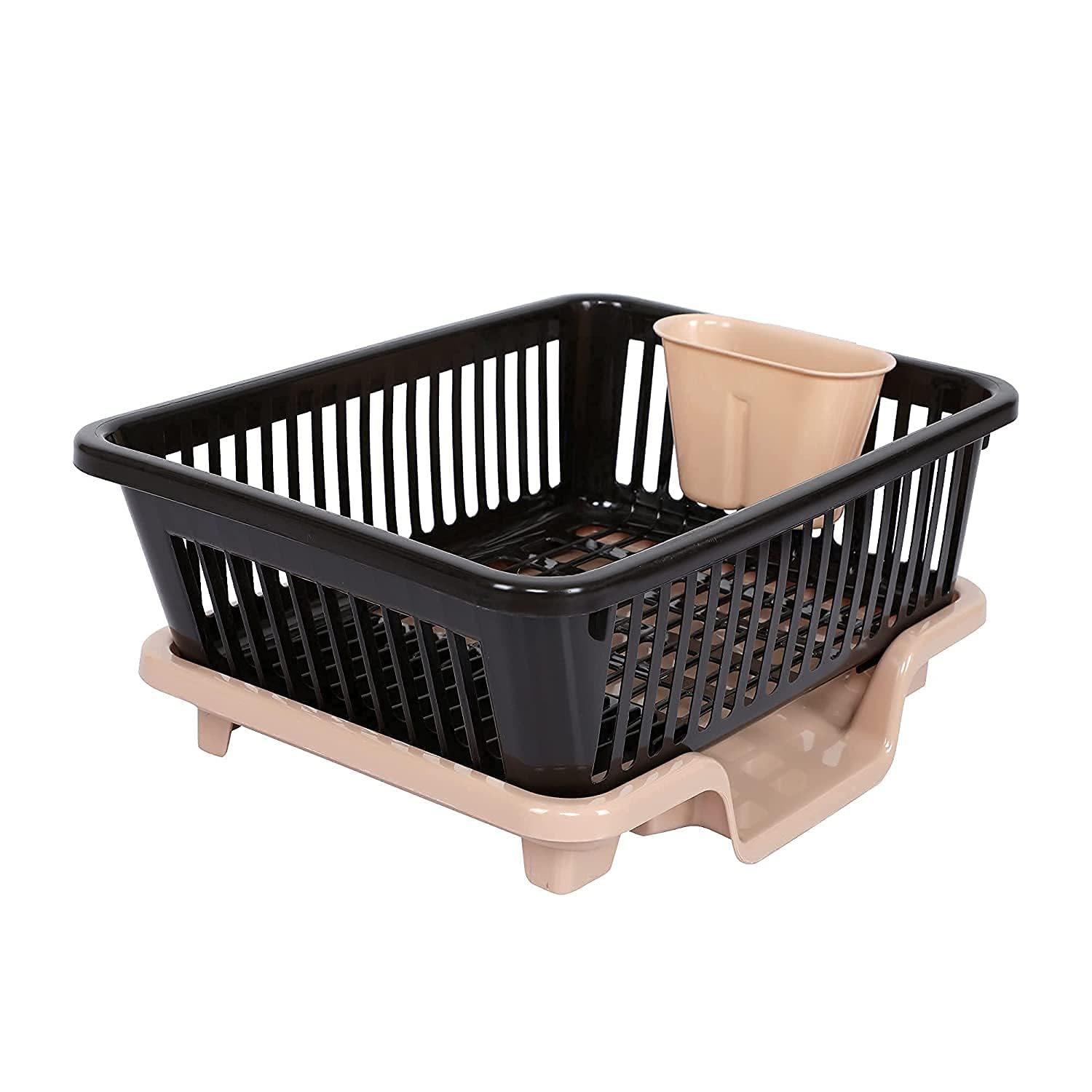 SIMPARTE Dish Drying Rack – 3 in 1 Large Durable Plastic Utensil Basket with Spoon Holder & Removable Dish Drainer Tray | Unbreakable Kitchen Organizer (Brown & Beige)