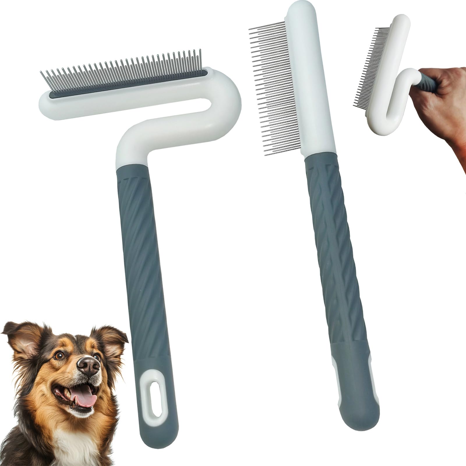 Photo 1 of 2 PCS Pet Comb with Long & Short Stainless Steel Teeth,Flea and Tick Comb for Dogs & Cats,Pet Grooming Brush for Short&Long Hair,2 different shapes with Rubber Handle