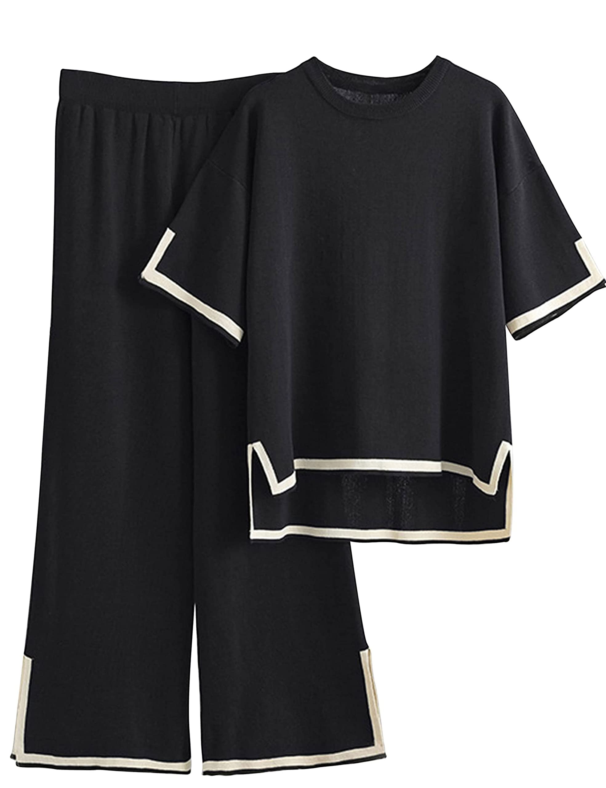 WawasiaWomens Knit 2 Piece Sweater Sets, Short Sleeve Pullover, 2023 Knit Pullover Lounge Sets, Elastic Waist Wide Leg Pants Lounge Set