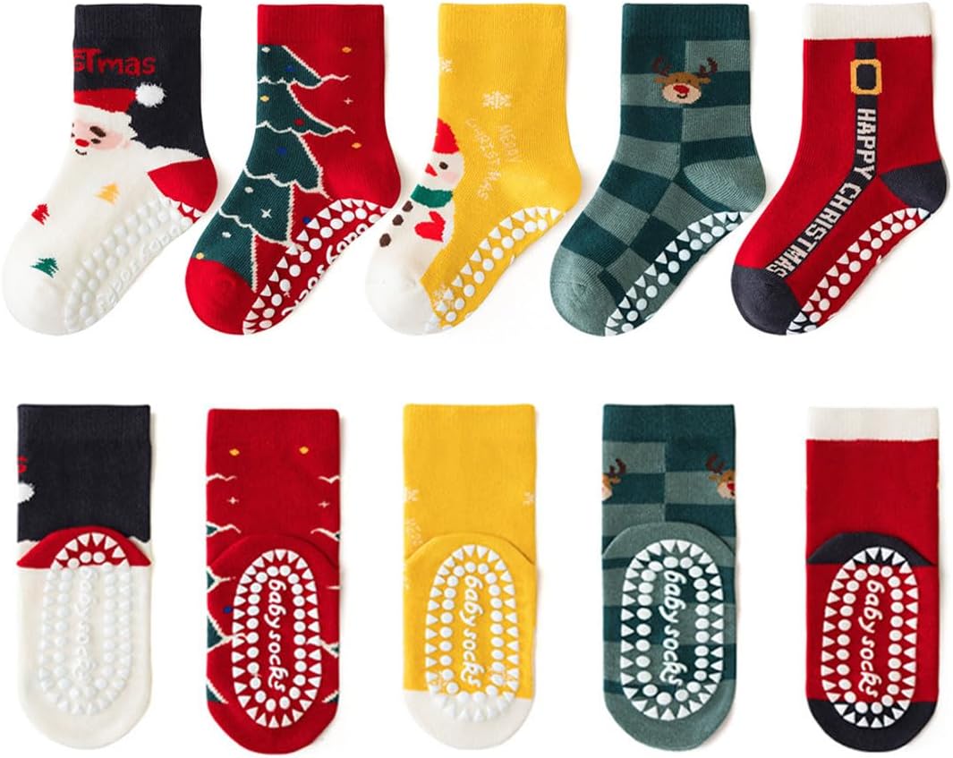 Baby Toddler Christmas Socks Kids Non Slip Grip Cotton Winter Holiday Socks for Boy/Girl Children Xmas Gifts