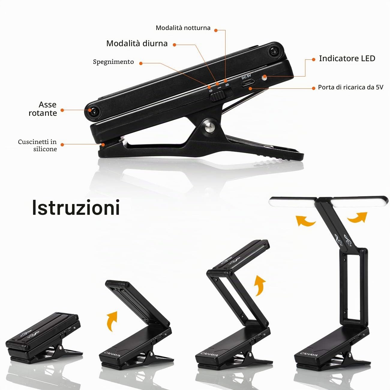 CAHAYA Lampada LED per Leggio Clip-On Ricaricabile Luce per Leggio Musicale con Pinza 10 LED Luminoso Luce Pieghevole Senza Filo Portabile 2 Modalità Dura 6 Ore Modello CY0240