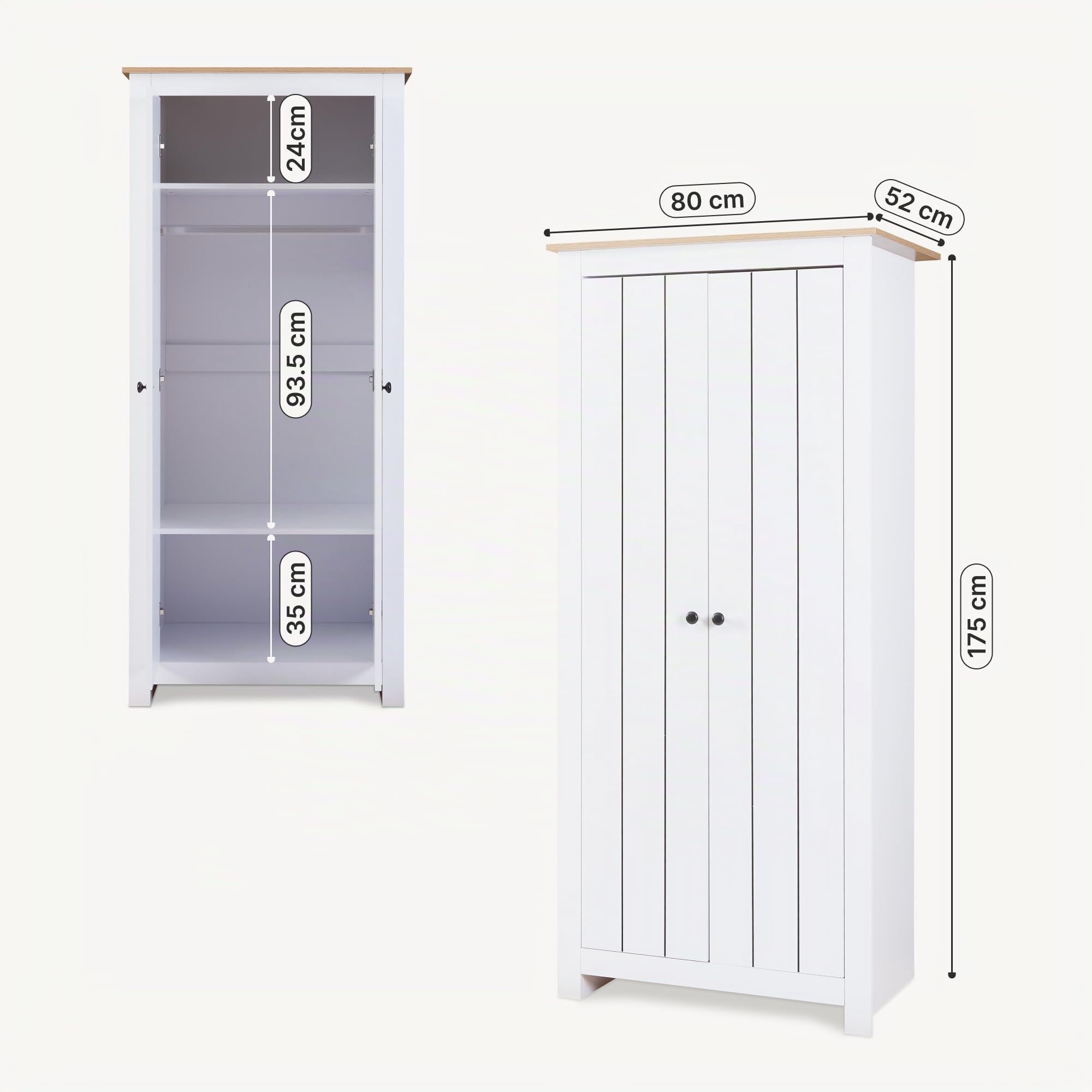 [en.casa] Armadio Chiuso per Guardaroba a 2 Ante con Barra Appendiabiti Armadio con Scomparti Portaoggetti Asta Porta Abiti per Camera da Letto 175 x 80 x 52 cm - Bianco/Effetto Rovere