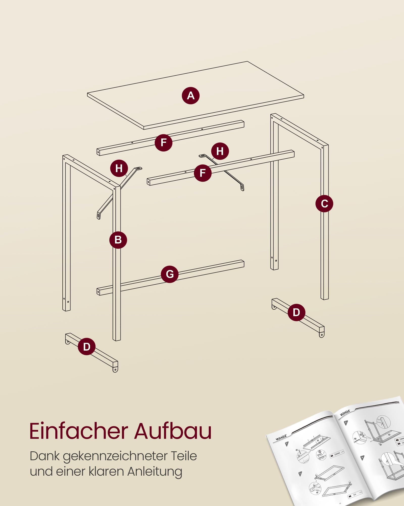 VASAGLE Tisch, Computertisch, Bürotisch, 100 x 50 x 76 cm, für Arbeitszimmer, Schlafzimmer, Wohnzimmer, natureichenfarben-perlweiß LWD041W70V2
