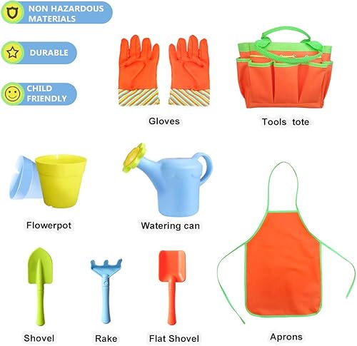 Miniatura 2 de Juego de herramientas de jardín para niños con sombrero para el sol, guantes, delantal, bolsa de almacenamiento, regadera, 2 macetas y 3