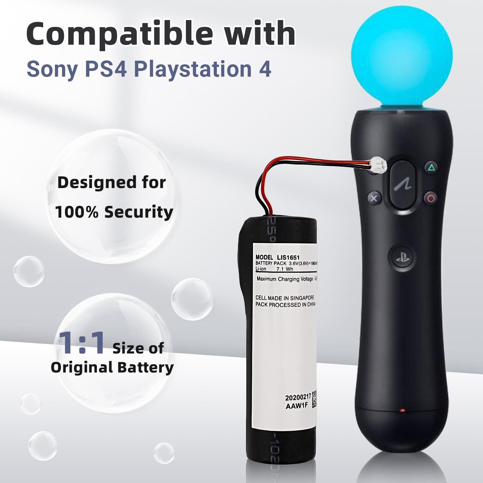 Batterie de rechange LIS1651 compatible avec la manette Sony Playstation PS4 Move Motion Version 2.