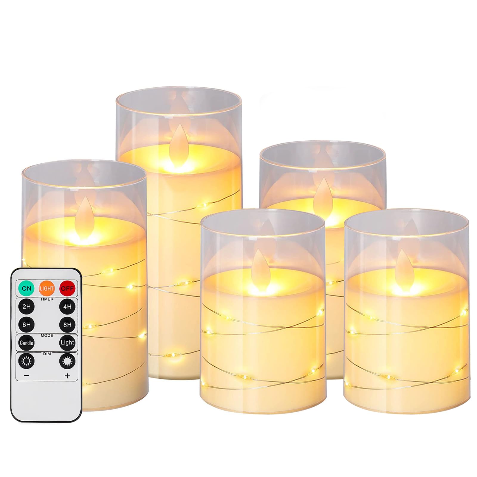 LED Flameless Candle, HIYAA LED Candles with Embedded String Lights, 5 Pack Battery Operated Candles with Remote Control, 24-Hour Timer Function, Dancing Flame, Real Wax