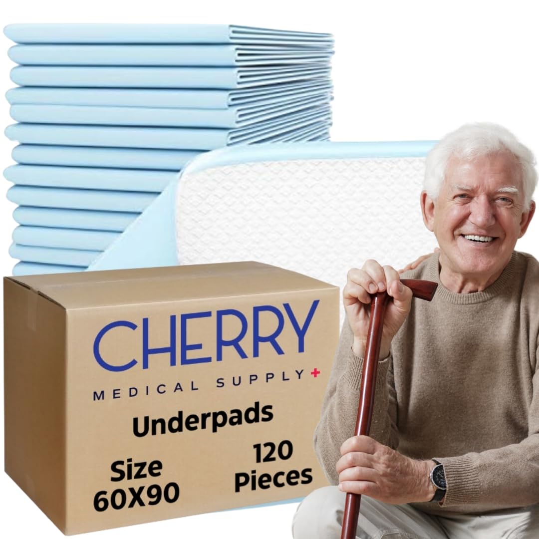 Cherry Medical Supply 120-Pieces Packed in 12 Pouches 60 cm x 90 cm XL Disposable Underpads, Incontinence Pads, Chux, Bed Covers, Puppy Training, Super Absorbent Protection for Kids Adults Elderly
