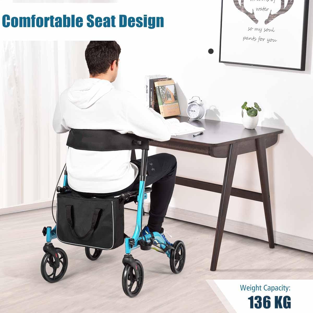 Homasis 2 en 1 Andador de Aluminio con Asiento, Andador Plegable con Bolsa de Almacenamiento y Empuñadura Regulable, para Ancianos y Adultos, Hasta 136 kg (Azul)