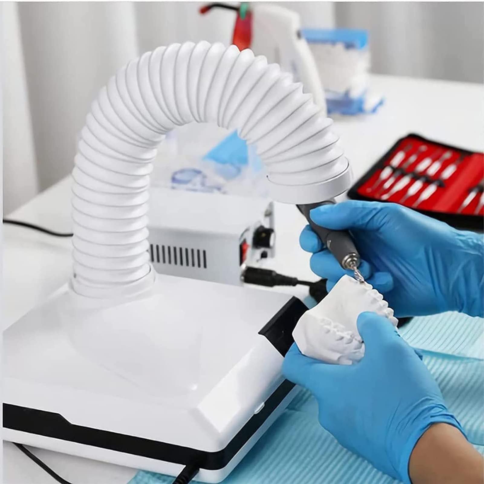 Colector de polvo de pulido dental, aspiradora dental de mesa, extractor de succión de polvo modelo dental con ventilador y diseño de codo de tubo telescópico LED, para laboratorio dental