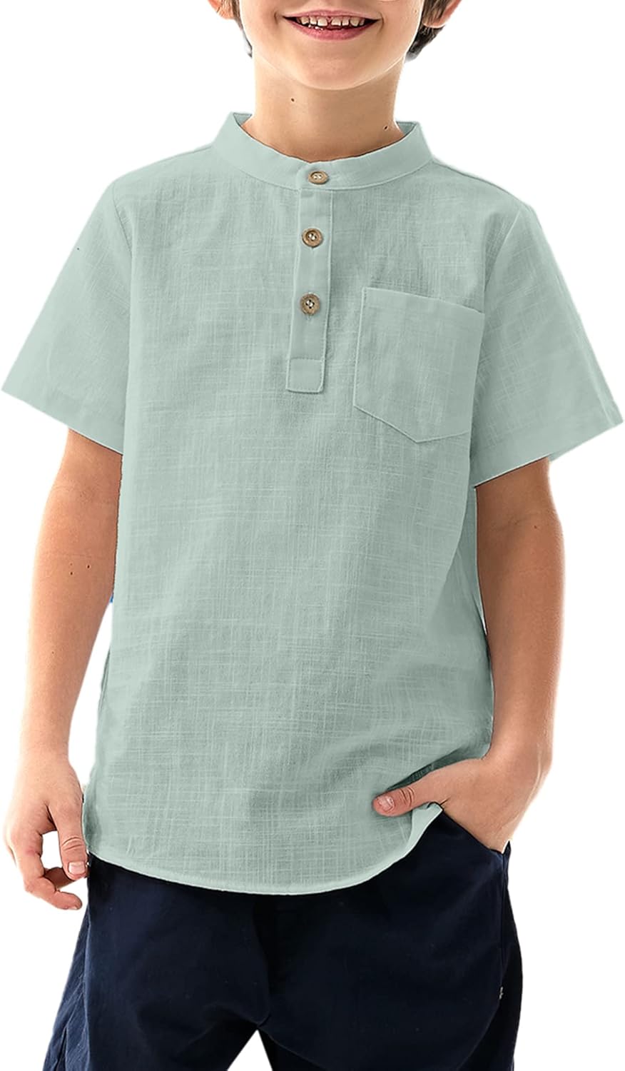 Arshiner Boys Linen Shirt Button Down Henley Short Sleeve Casual Dress Summer Beach T Shirts Top with One Pocket