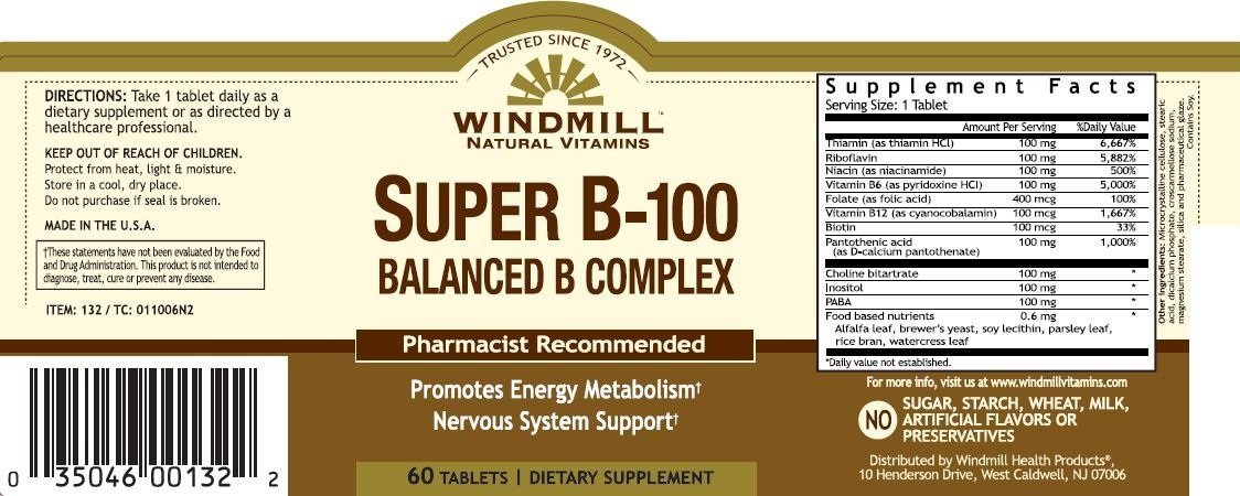 Windmill Super B-100 Balanced B Complex, 60 Tablets