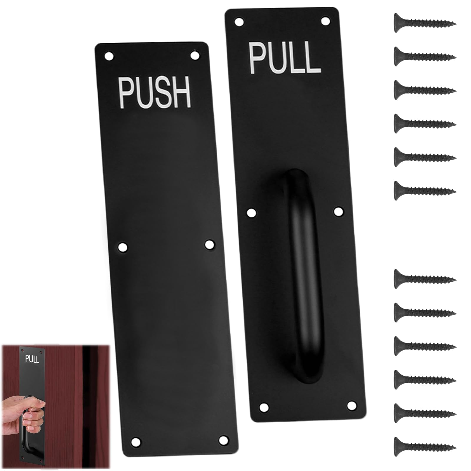 Raheem 2PCS Black Matte Powder Coated Stainless Steel Push Pull Door Handles, Heavy Duty Handle Plates for Entrance Bathroom