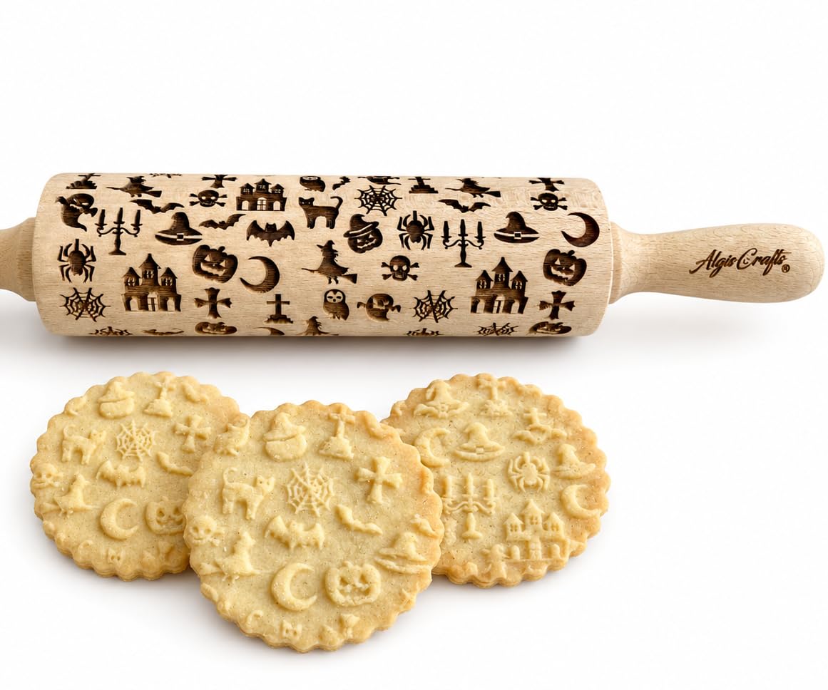SOCIÉTÉ D'HALLOWEEN Rouleaux à Pâtisserie Gravé, Rouleau Pâtisserie en Relief Pour DIY Faire, Pour la Décoration de Biscuits Halloween, Rouleau en Bois avec Embossage par Algis Crafts