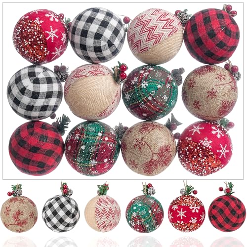 12 Pieces Buffalo Plaid Christmas Ornaments Set - Shatterproof Rustic Farmhouse Christmas Balls for Family Party Supplies and Ornaments for Xmas Tree