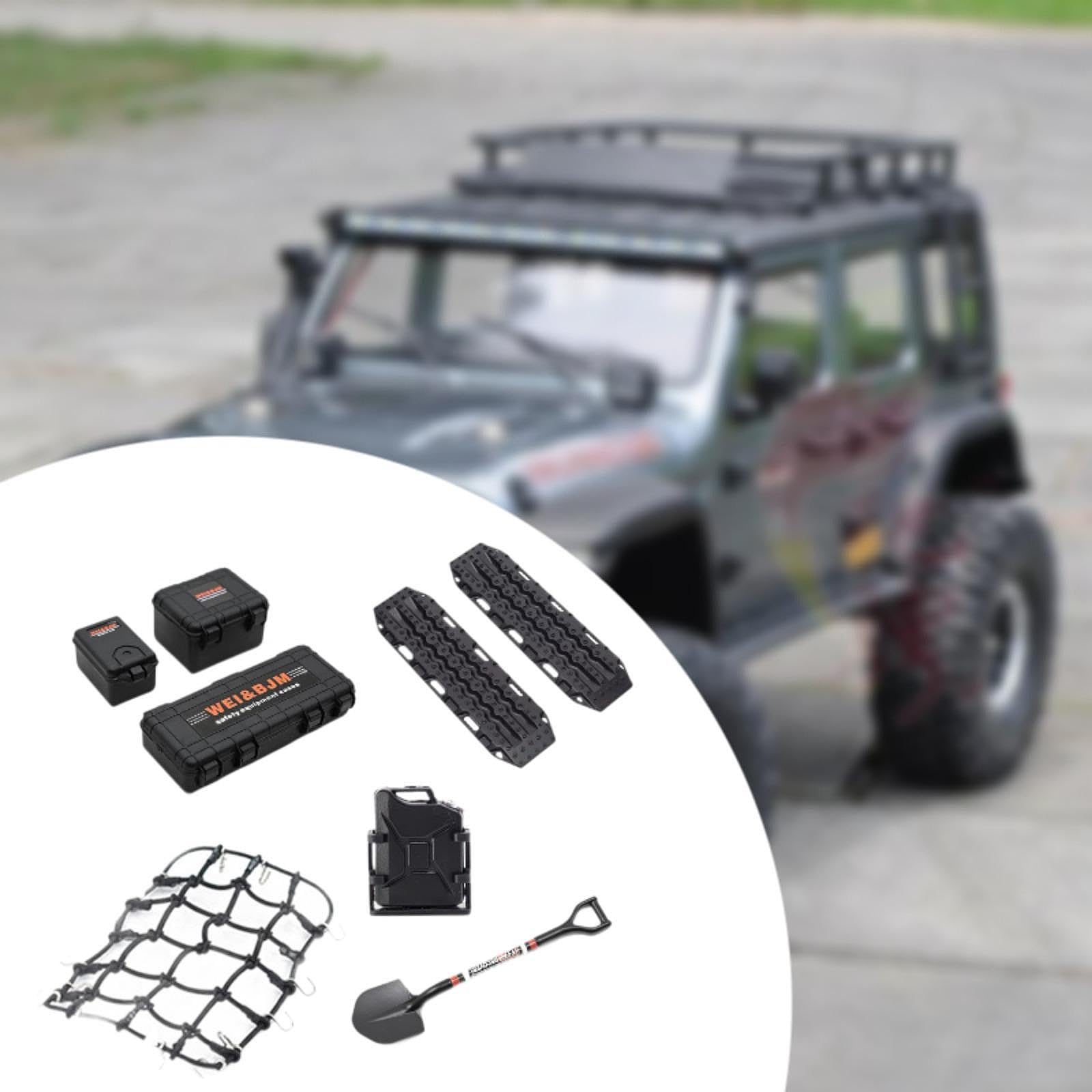8 Piezas Accesorios para Coche RC Crawler 1 10 con Maletas Tanque de Combustible Red de Equipaje Placas Protectores Pala Simulación Detallada Y, Negro
