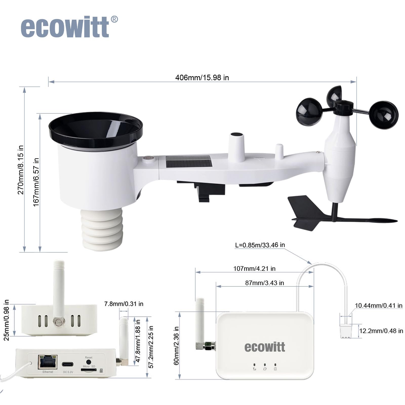 ECOWITT Array stacja pogodowa 7 w 1, bezprzewodowa stacja pogodowa z czujnikiem zewnętrznym WS69, z bramą WiFi 3 w 1, bramą WiFi/przewodowym koncentratorem GW3000 z portem na kartę SD, prognoza pogody