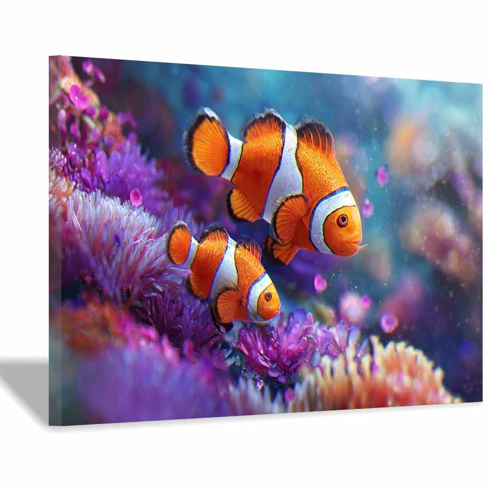 HUYEEI Blue marine animals Landscapes Paintings Fish accompany reefs Seascape Poster Nature Print for Livings Room Hang Bedroom Bathroom Decor(yellow)-70x100cm Framed