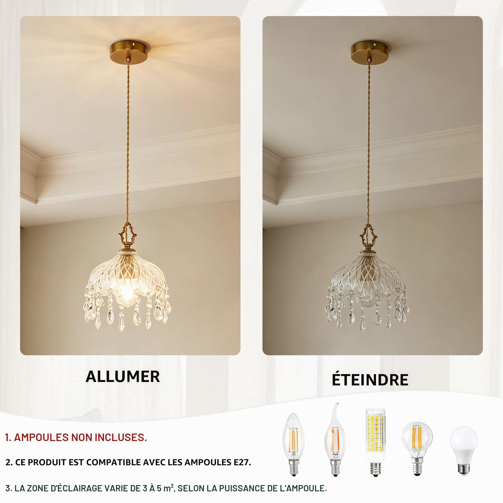 zhxinashu Suspension en Verre avec Pampilles, Plafonnier pour Chambre - L