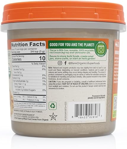 BareOrganics Polvo de raíz de astrágalo, polvo de superalimentos, suplemento dietético orgánico, 8 onzas