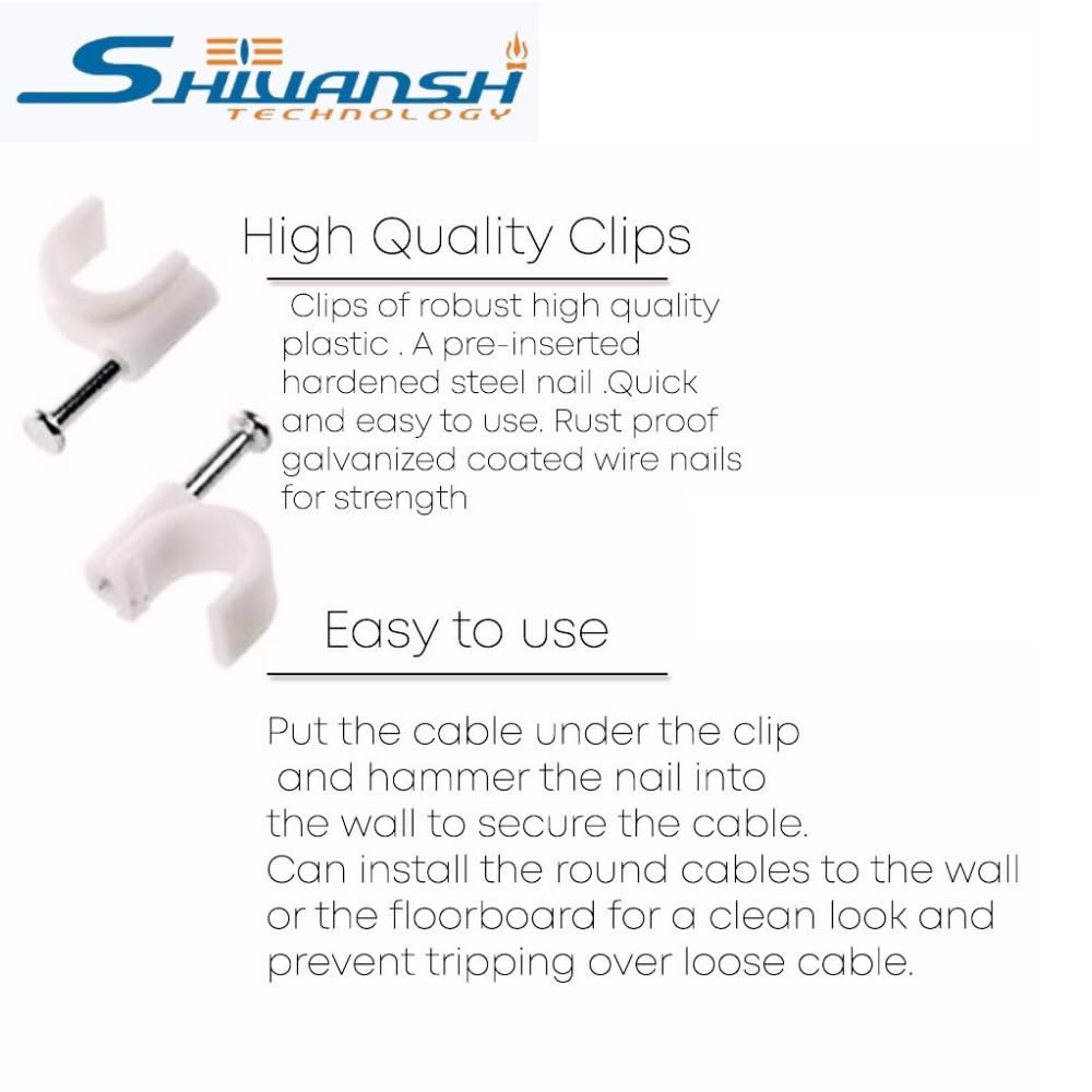 SHIVANSH TECHNOLOGY® Cable Clips with Metal Nails for Cable Management Cord Organizer, Round Wire Fastener Clamps for Hanging Cables Fitting on Wall | Pack of 100, (16mm, White) 1