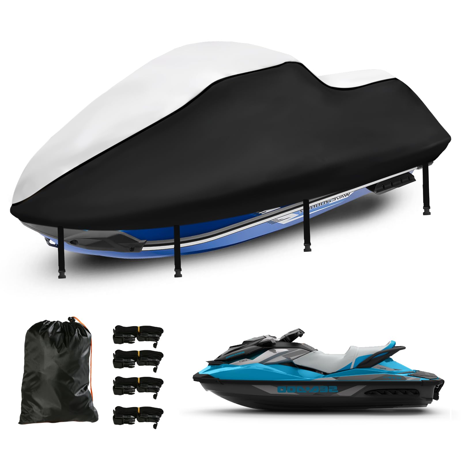 Funda Impermeable para Moto acuática de 3 plazas, Cubierta PWC 420D Mejorada con 2 Rejillas de ventilación,Resistente a los Rayos UV para Seadoo, Kawasaki, Waverunner Polaris(307-343CM Plata-Negro)
