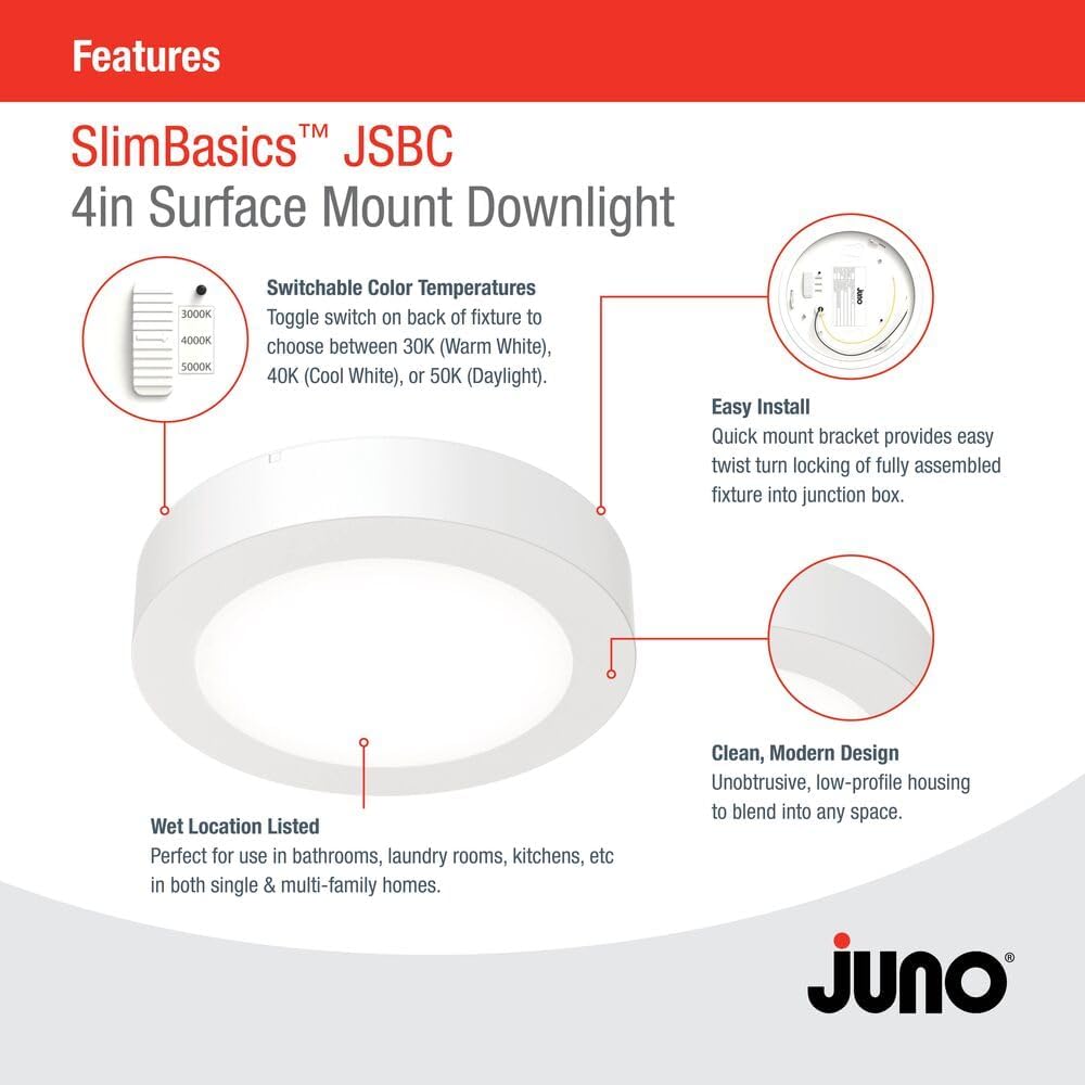 Juno Slim Basics 4 Inch LED Ceiling Light, Low Profile Surface Mount Downlight for Shower or Closet Lighting, 3000K/4000K/5000K Selectable White Light, Edged Trim, Wet Rated, Matte White, 6 Pack