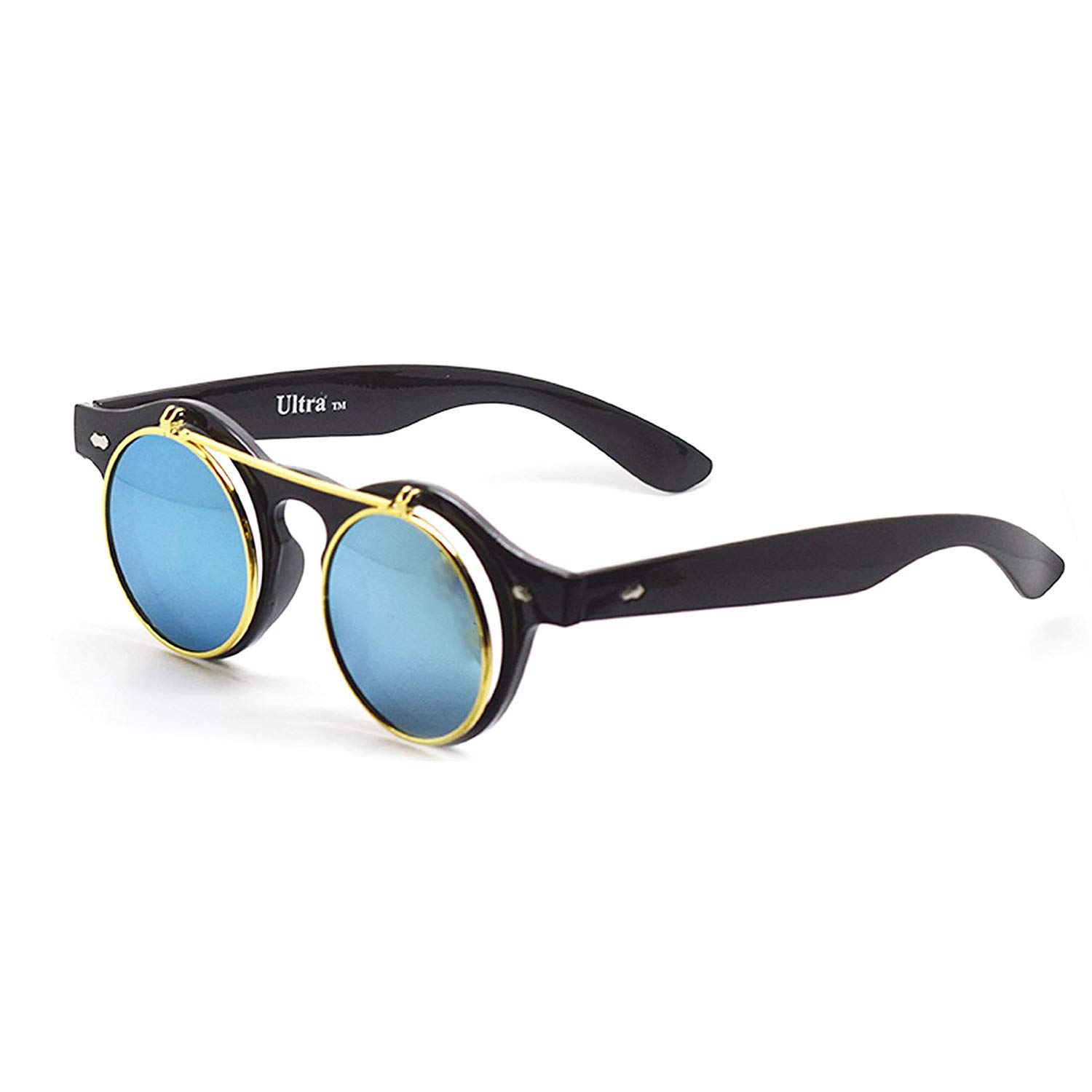 Ultrabyeasypeasystore Unisex Black With Light Blue Lenses Ultra Small Round Flip Up Steampunk Sunglasses Uv400 - For Men And Women With Polycarbonate Lenses - Retro Round Glass Style - Sun Glasses Flip Feature