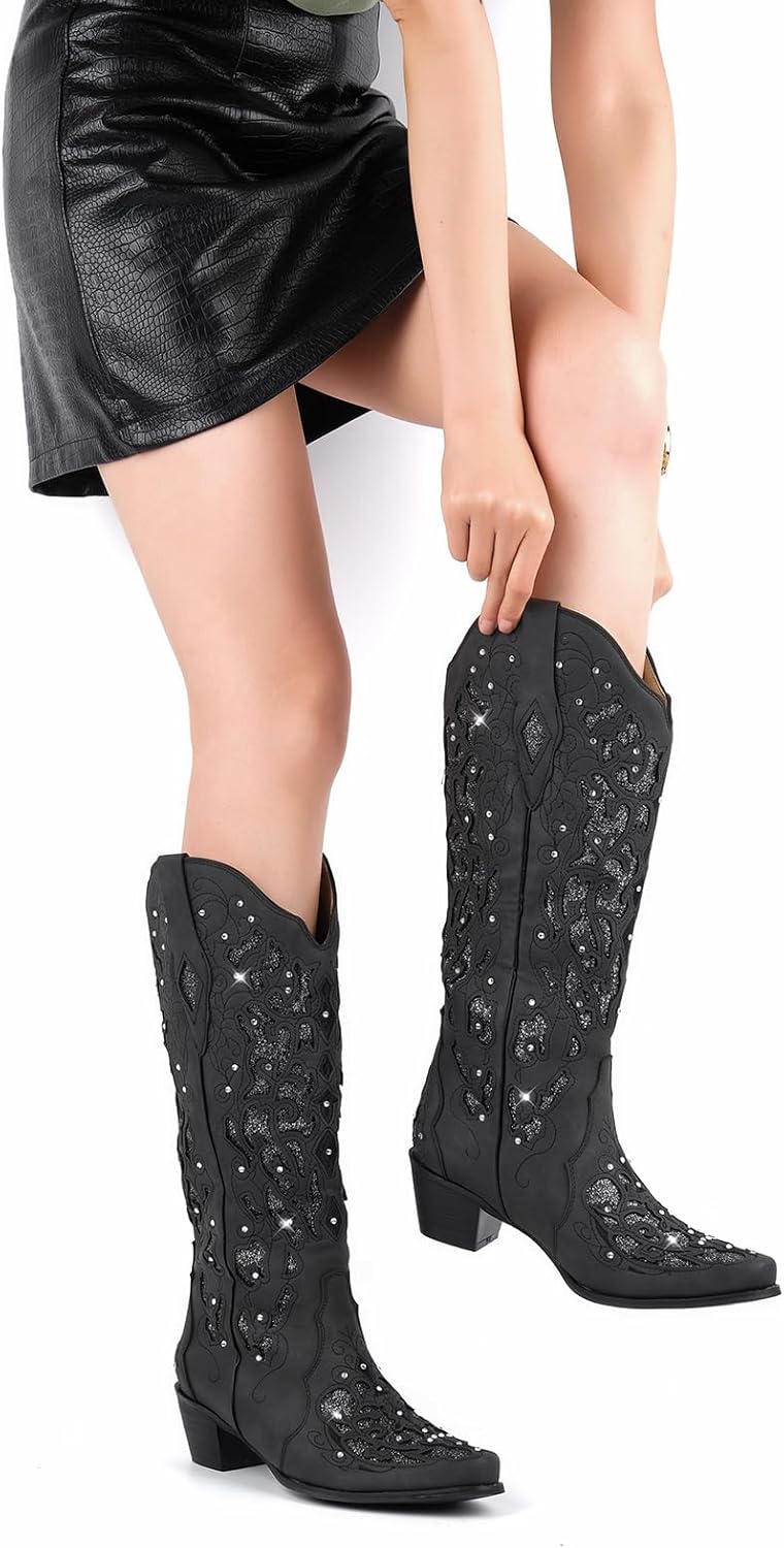 Western Mid Calf Cowboy Cowgirl Boots Sparkly Rhinestone Bling Cowboy Boots for Women - Image 6