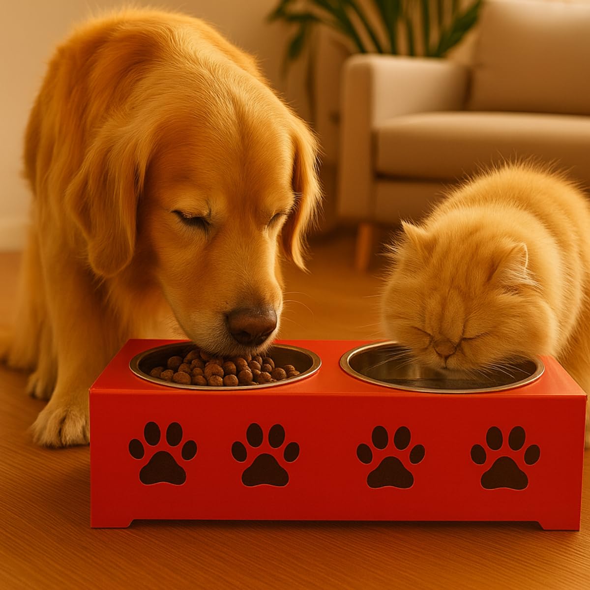Metal Red Stylish Dog Bowl Stand | 2 Stainless Steel Bowls for Raised Dogs & Cats | Elevated Dog Food Removable Bowls | Pet Feeder & Water Dispenser for All Breeds Paw Design (Set of 2, Each 900ml)