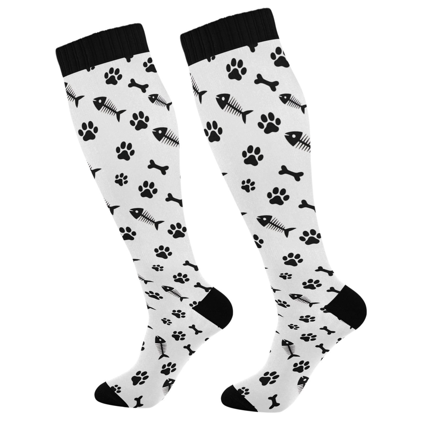 BOESI Doodle Fish Bone and Claw Compression Socks, Women's and Men's Knee High Running Socks for Sports