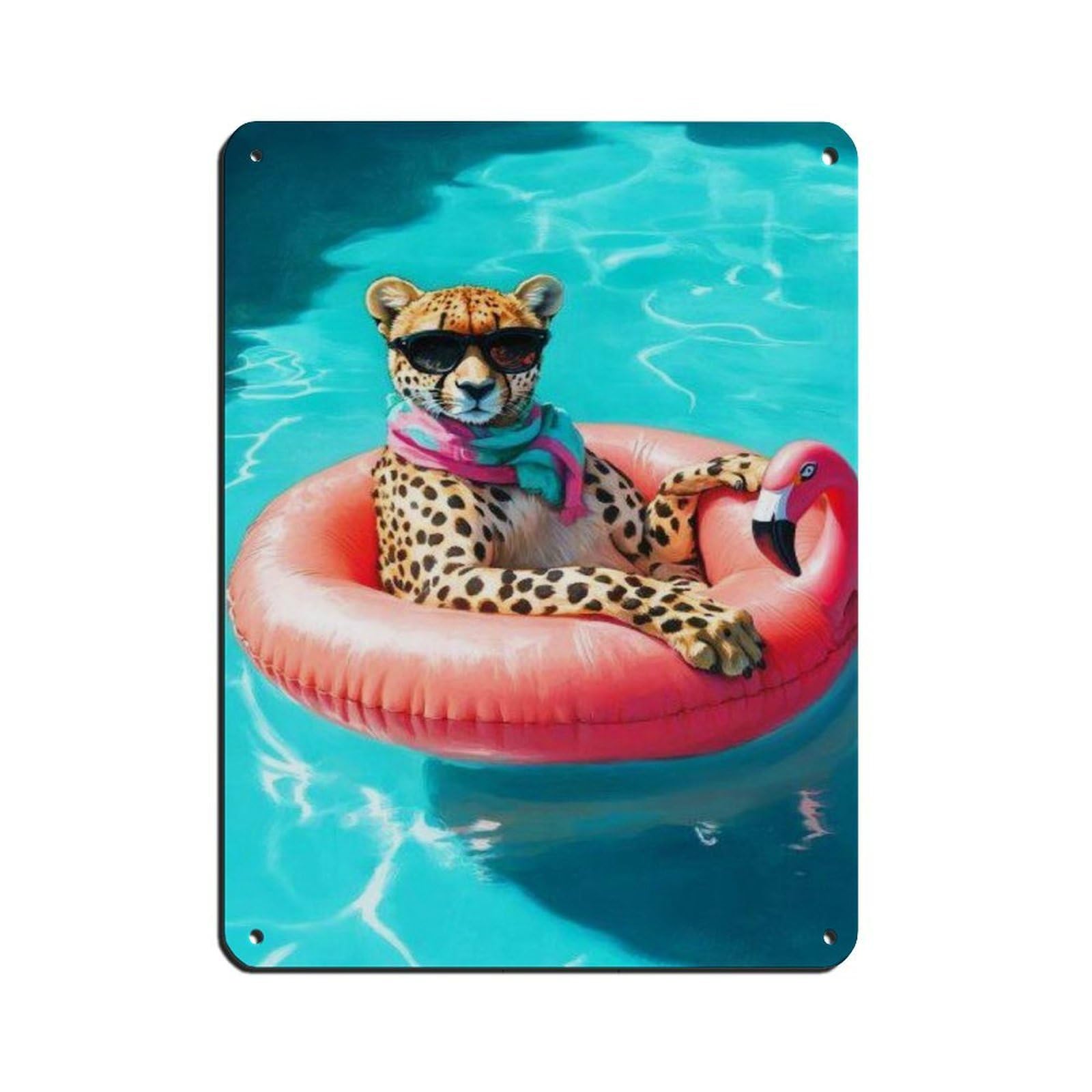 Cool Cheetah Floating on Flamingo Pool Float Tin Sign Vintage Metal Pub Club Cafe Bar Home Wall Art Decoration Poster Retro 12x16inch(30x40cm)