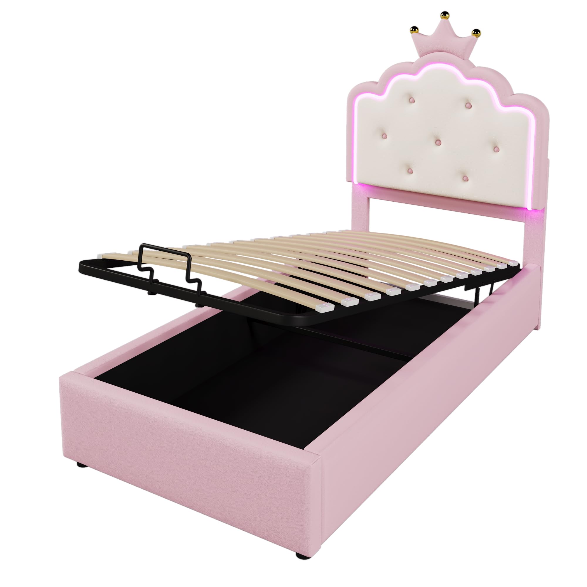 Merax Kinderbett 90x200, Polsterbett für Mädchen Kronen-Einzelbett mit LED-Streifen, Hydraulischer Stauraum, aus PU-Leder Bettrahmen mit Lattenrost(ohne Matratze), Rosa