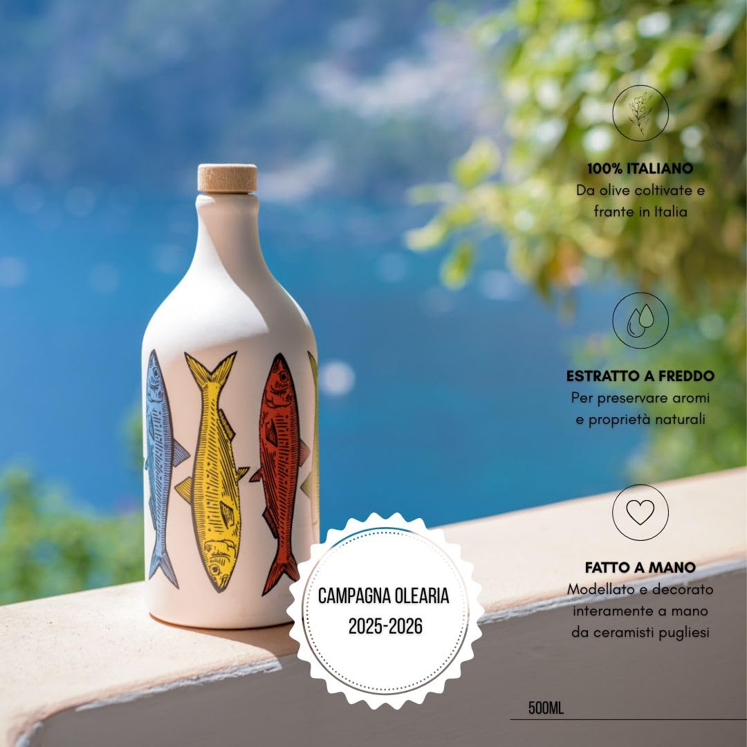 Frantoio Muraglia, Poterie en céramique Pop Art Sardines à l'huile d'olive extra vierge 500ml, Essence moyennement fruitée, fait et décoré par nos artisans des Pouilles