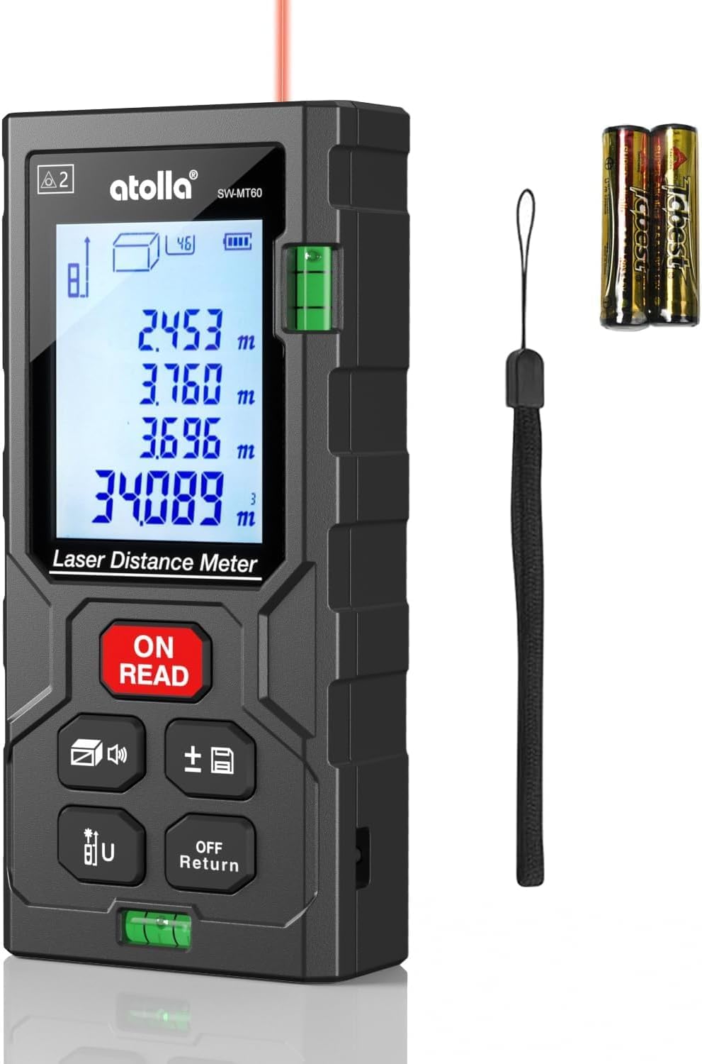 atolla Laser Measure 196Ft, Digital Laser Distance Meter with 2 Bubble Levels,Portable M/in/Ft Unit Switching Backlit LCD, Measuring Distance/Area/Volume/Pythagorean and Waterproof IP54 (Red Laser)