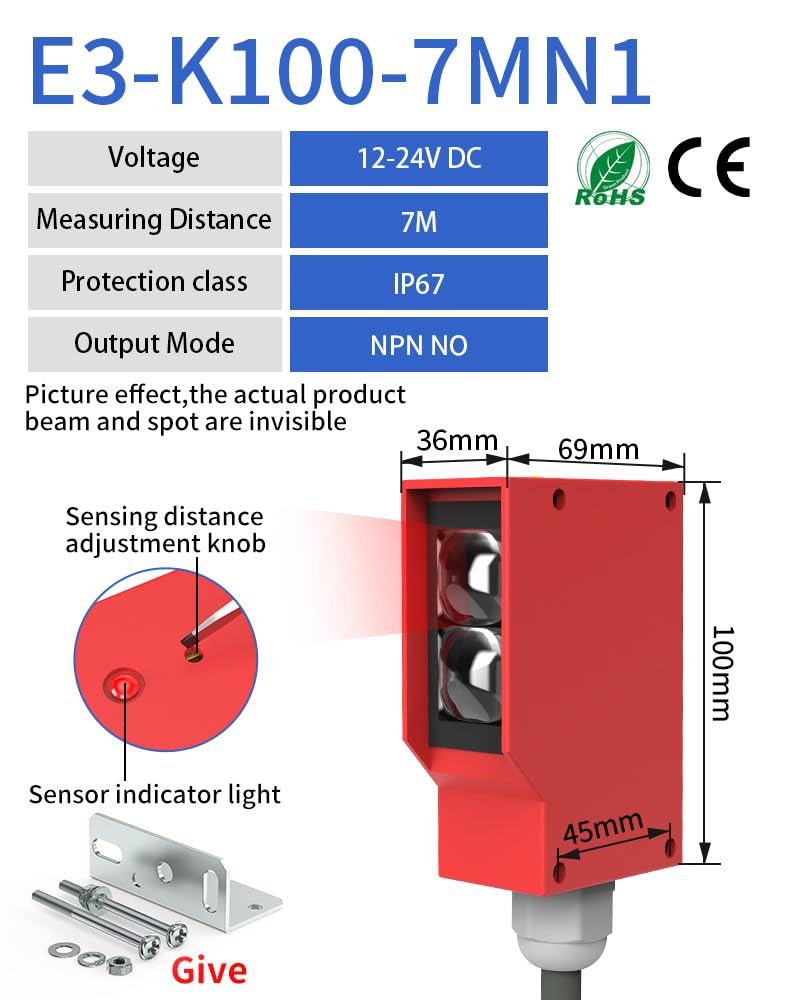 Sensor fotoeléctrico cuadrado, interruptor óptico infrarrojo, reflexión difusa, IP67, impermeable, 24-220 V CA/CC, universal, distancia de 7 m(3-Wire NPN NO IP67)