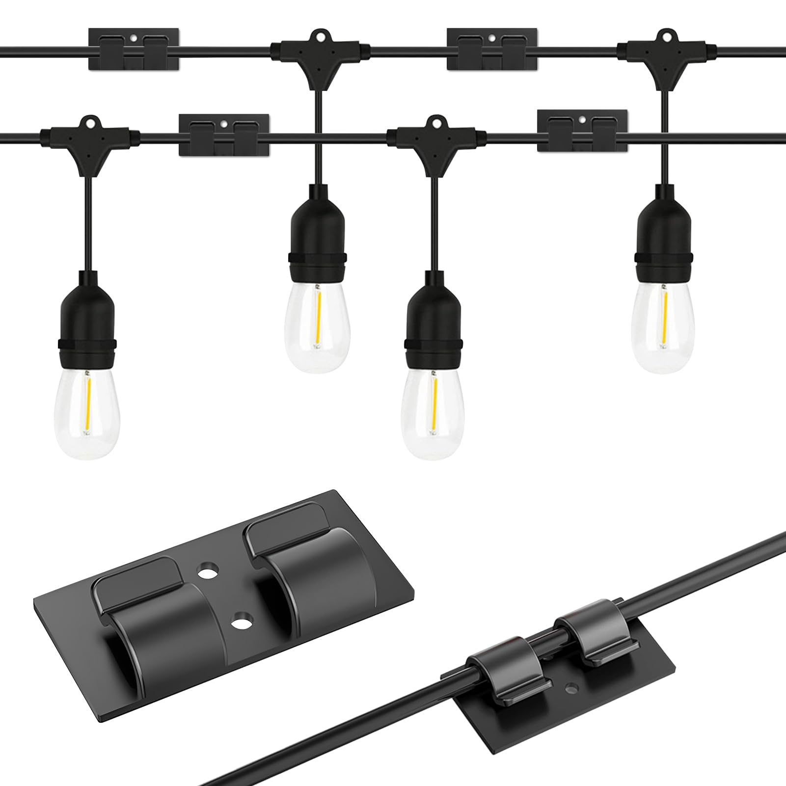 Outdoor Light Clips, 20/50/100pcs Outdoor String Light Clips Self Adhesive Hooks Gutter Hook for Lights Light Hooks for Outside String Lights Halloween Christmas Lights Clip (100,Black)