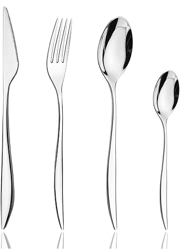 JASHII Juego de cubiertos de acero inoxidable 304, juego de cubiertos plateados, 24 piezas, diseño moderno, regalo de inauguración de la casa,