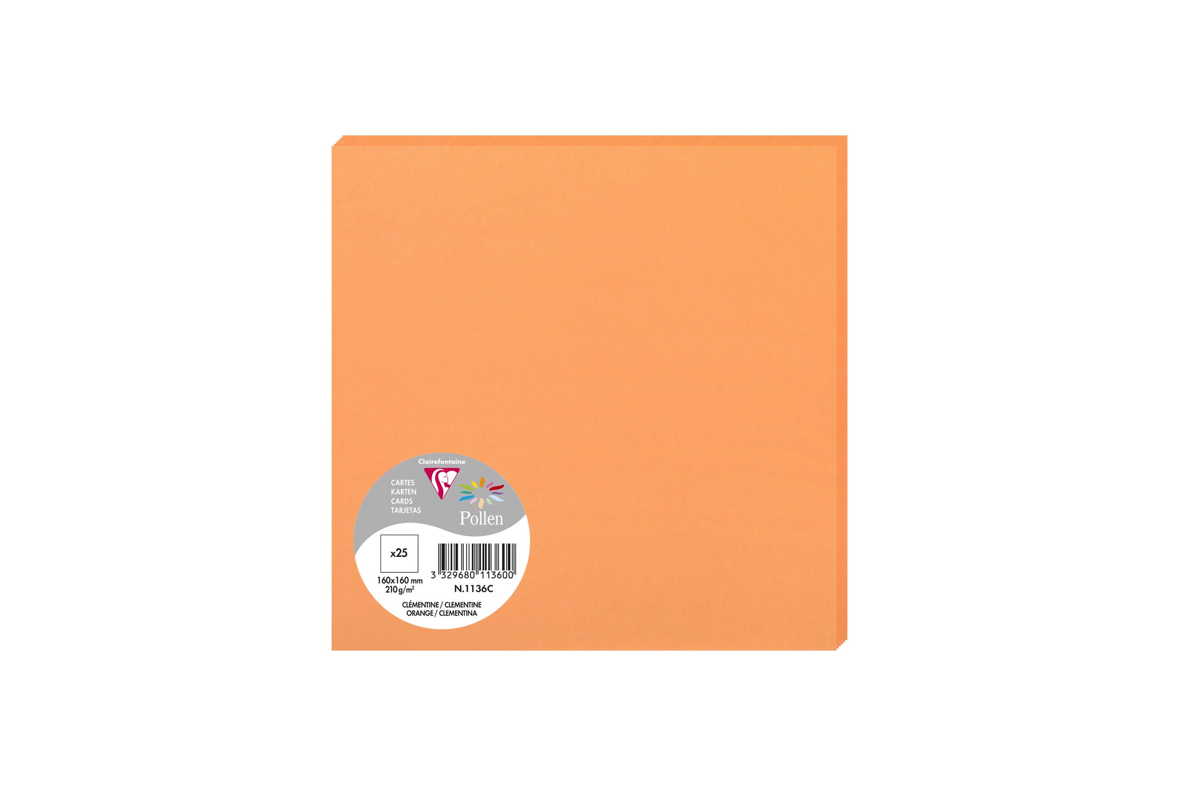 Clairefontaine 1136C Pack of 25 Plain Cards Square Format 16x16cm 210gsm Orange colour Invitation Correspondence Cards
