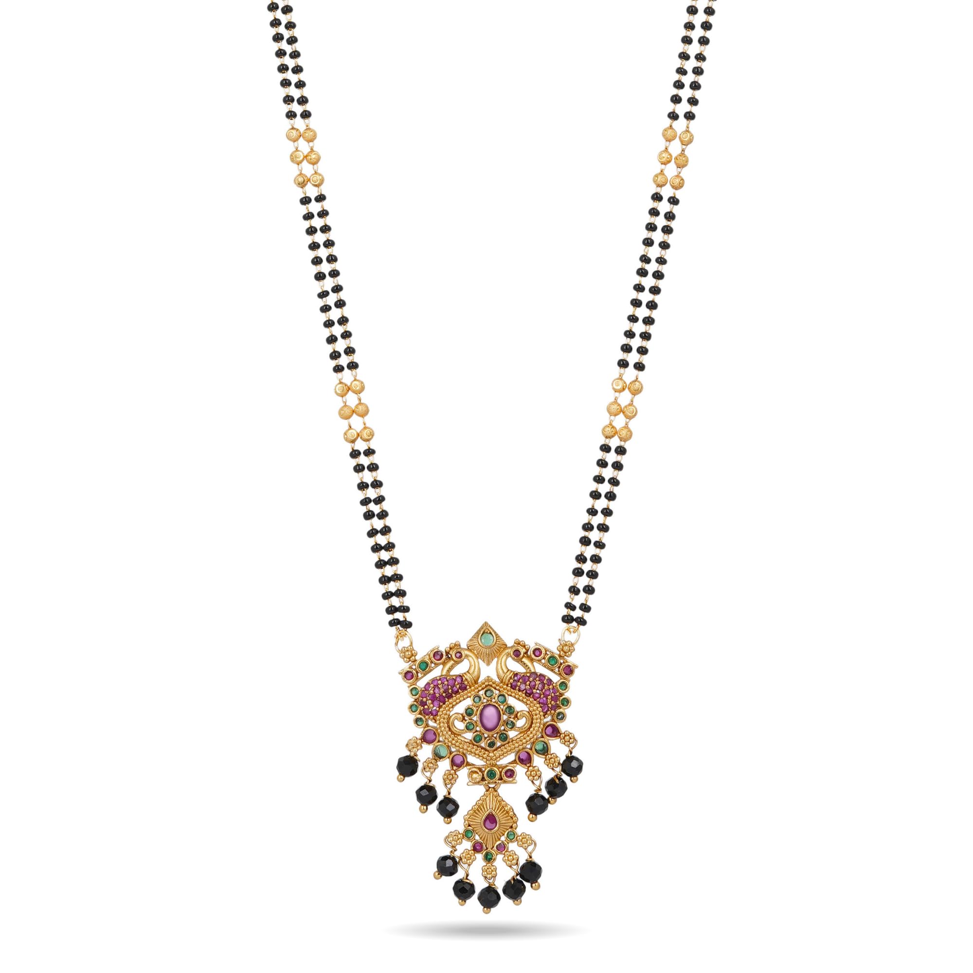 Traditional Long Mangalsutra for Women, Double Black Bead Chain with Peacock Motif Tanmaniya Pendant 24 Inch Nallapusalu Necklace-image-37