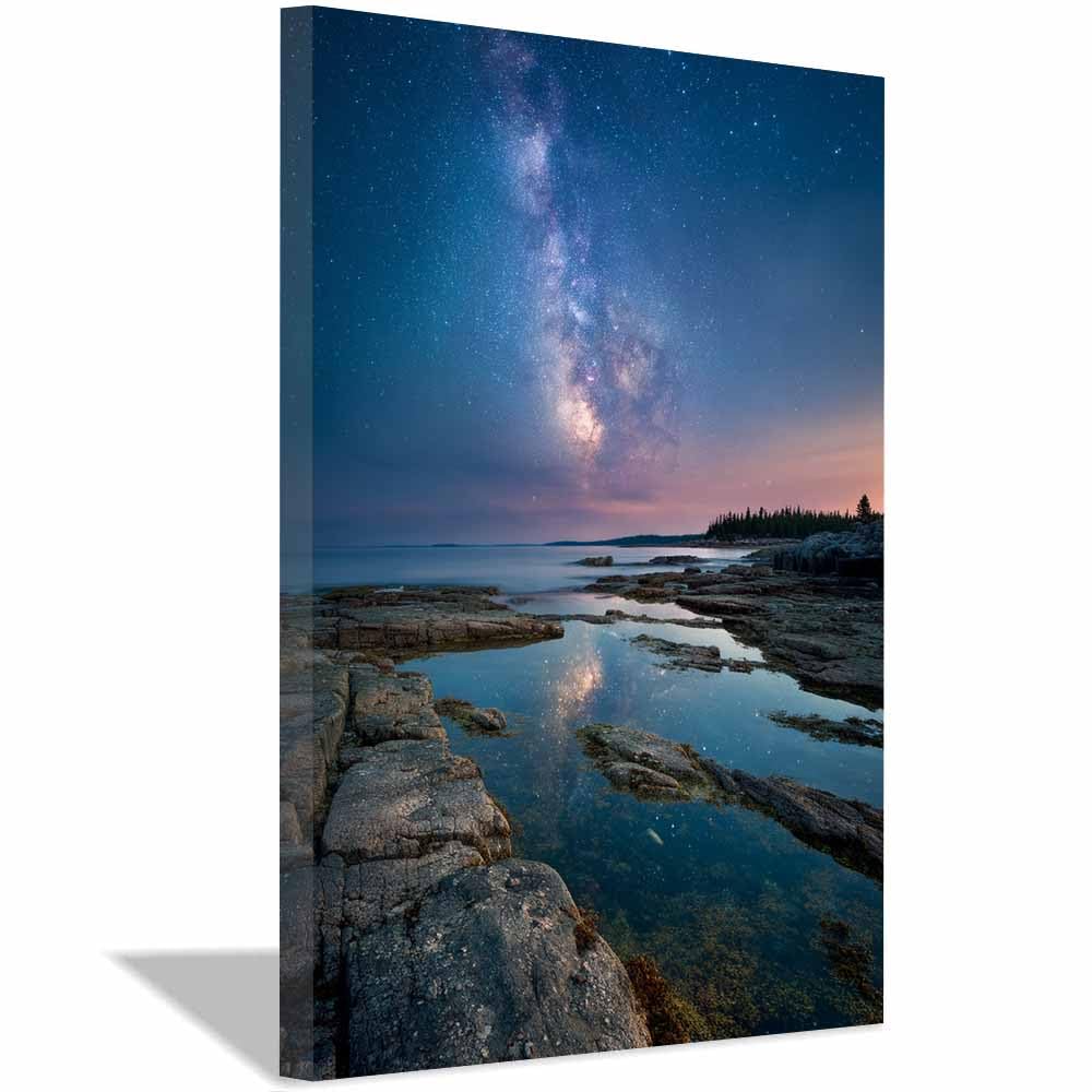 HOQIU Landscape wall art Milky Way Coastsal Night canvas art, art print, house decor, bedroom wall decor above bed, prints for living room.(Multicolor)-70x100cm Framed