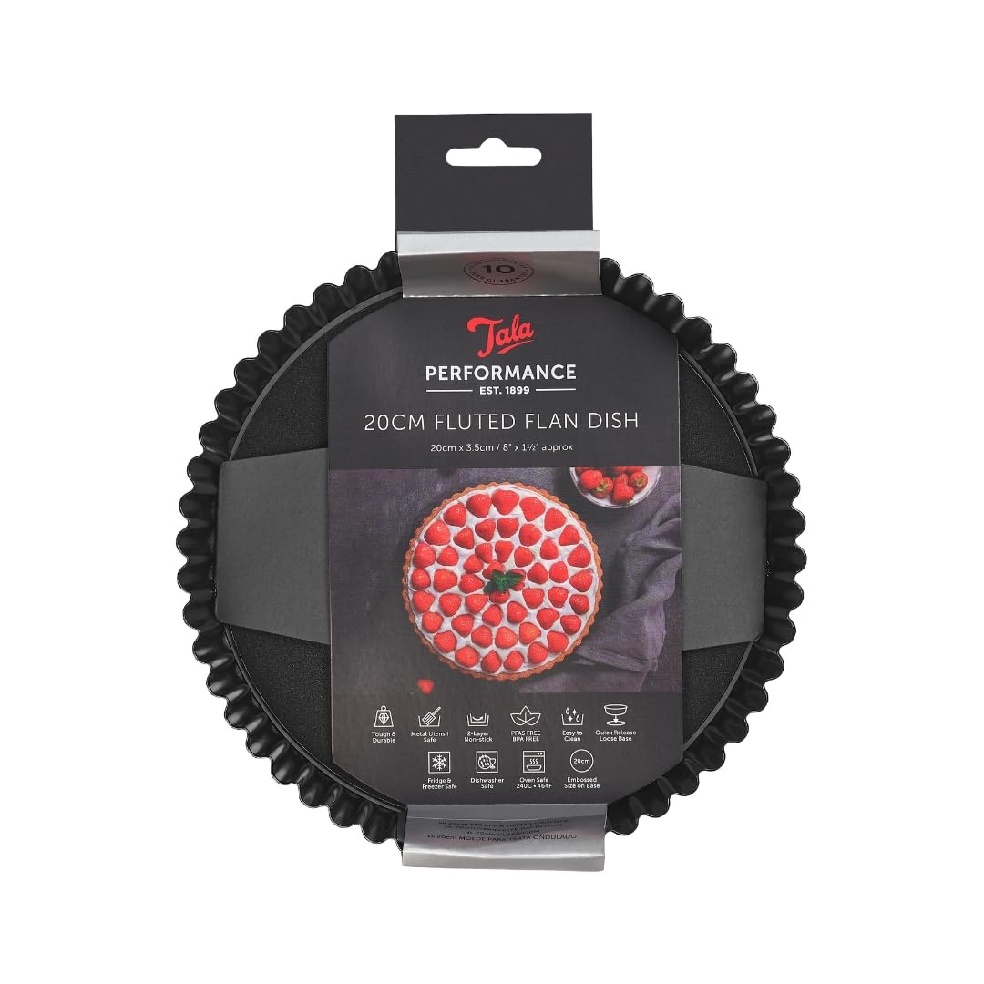 Tala Performance 20 cm Dia Fluted Tart Tin, Professional Gauge Carbon Steel with Eclipse Non-Stick Coating, Loose Base, Perfect for savoury or Sweet tarts, flans, quiches, or Desserts, Black