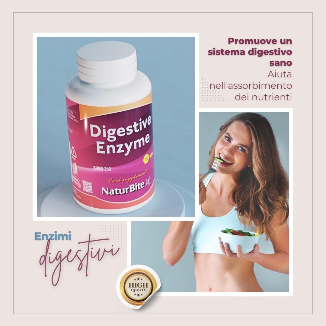Naturbite Enzimi Digestivi, 250 compresse, Naturbite. Migliora il Processo Digestivo facilitando la scomposizione e l'assorbimento dei nutrienti dagli alimenti.