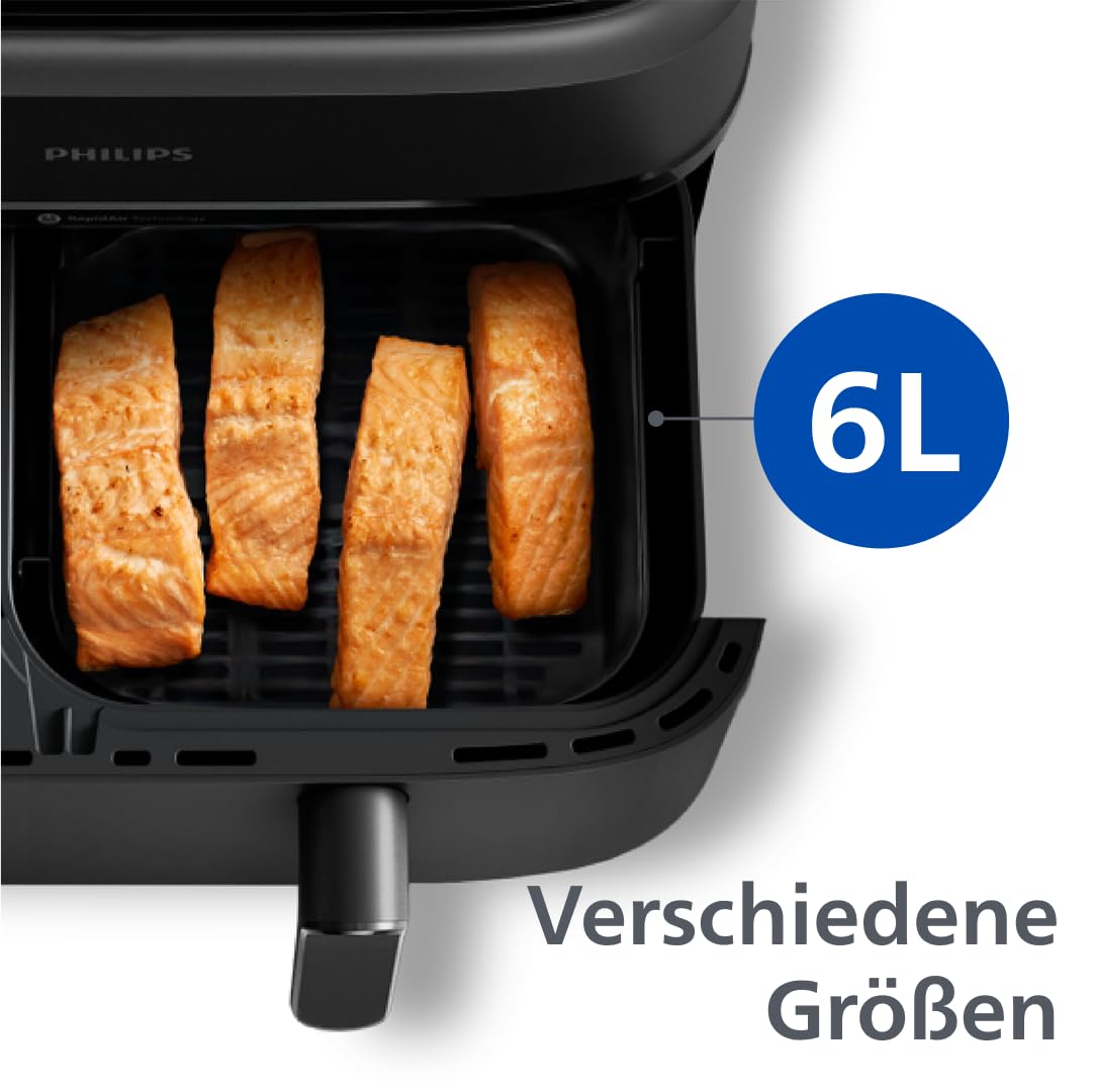 Philips Airfryer Dual Basket 3000 Serie Heißluftfritteuse, Schwarz, 9 L | 2 Körbe, RapidAir Plus Technologie, Touchscreen, 12 Kochfunktionen, HomeID App (NA350/00)