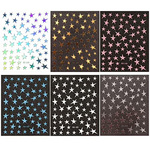 6 Sheets Metallic Nail Art Stickers, Star Nail Sticker 3D Self-Adhesive Nail Decals Laser Gold Silver White Blue Pink Nail Design Stars Nail Art Supplies For Women Diy Manicure Decoration Accessories #TOP6
