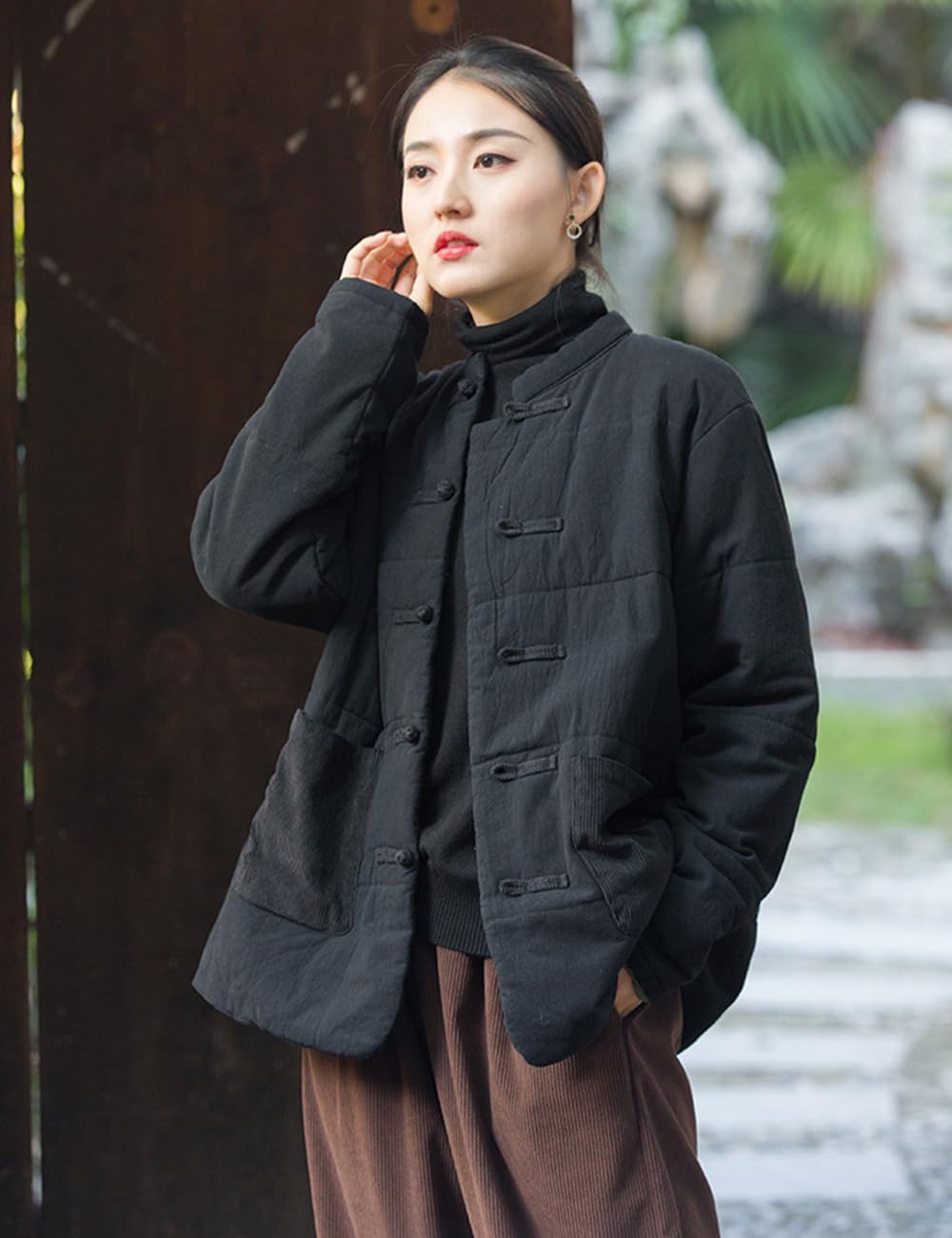 NFYM Manteaux chinois rembourrés en coton pour femme, grenouille boutonnée, veste d'hiver matelassée avec poches